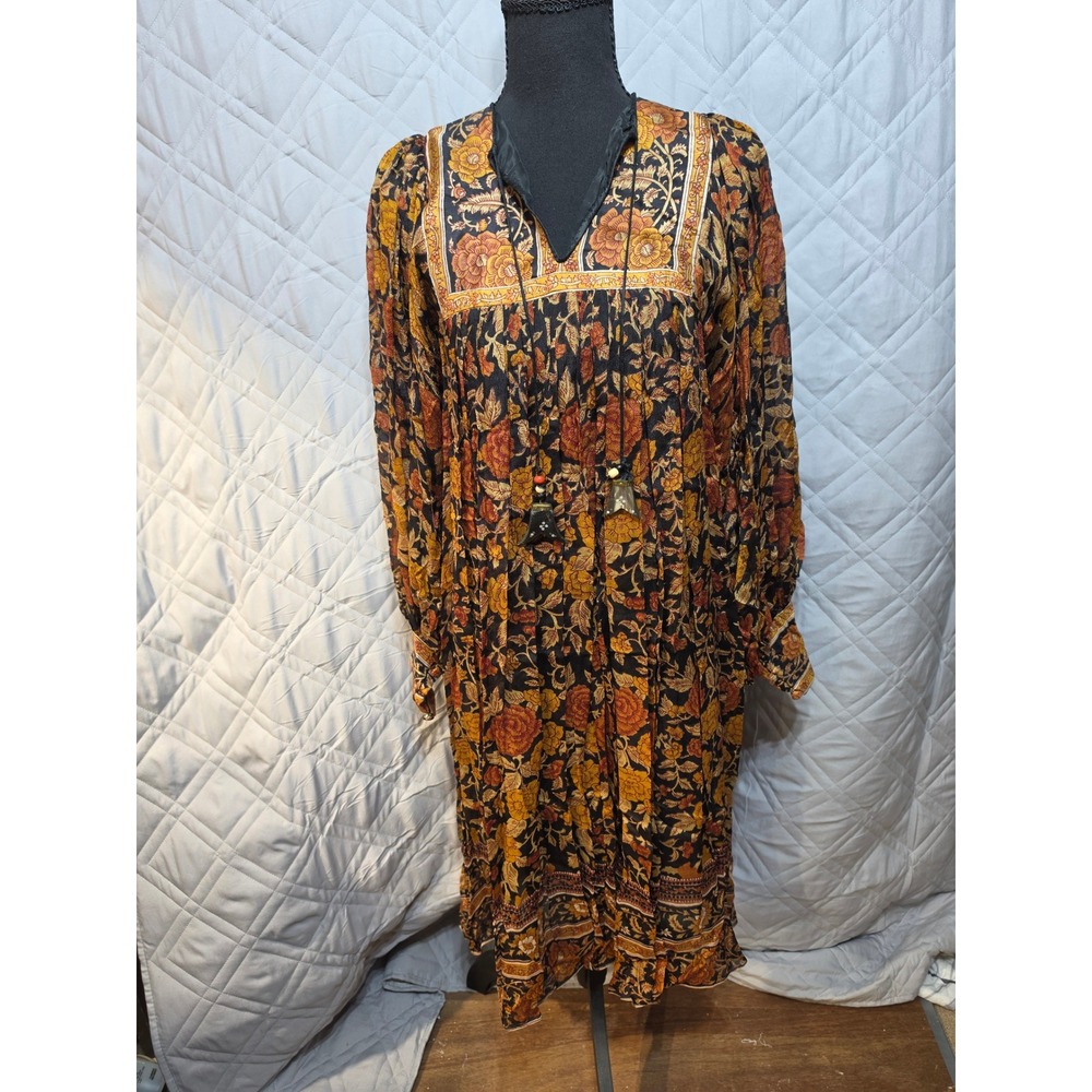 Ritu Kumar for Judith Ann Silk Floral Block Print Midi Dress XS Black Orange